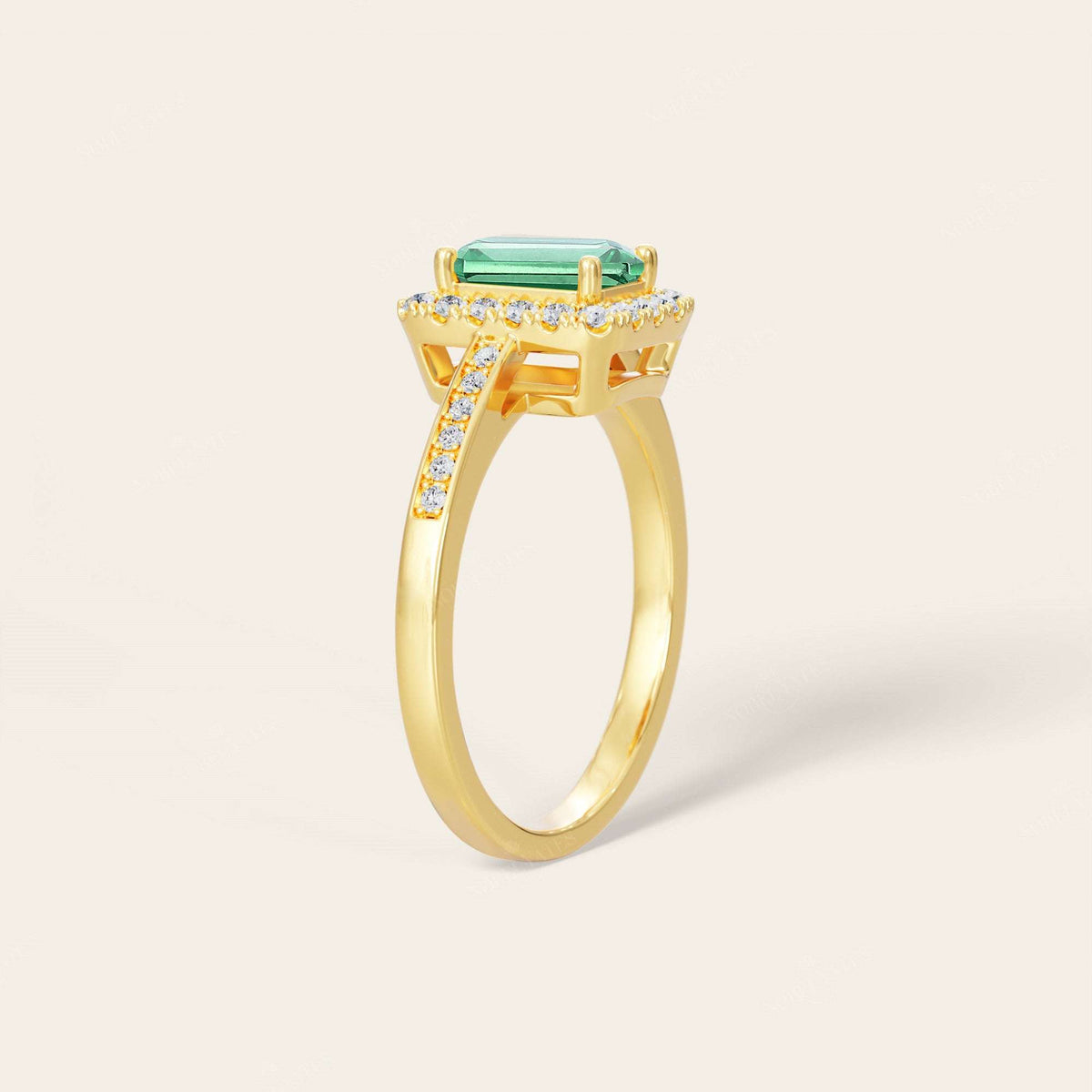 Emerald Lab Green Sapphire & Diamond Halo Art Deco Engagement Ring-Nobel Yates