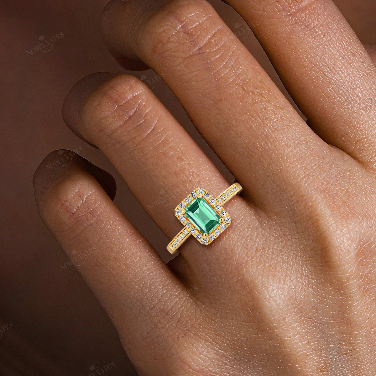 Emerald Lab Green Sapphire & Diamond Halo Art Deco Engagement Ring-Nobel Yates
