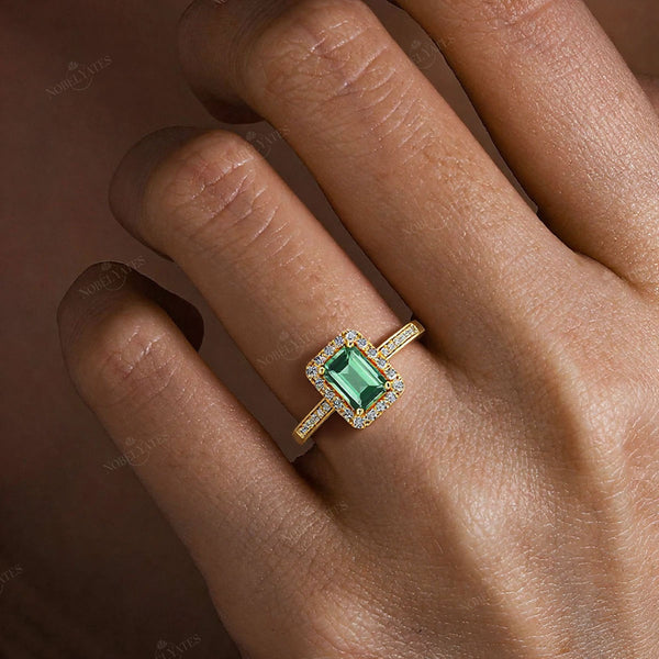 Emerald Lab Green Sapphire & Diamond Halo Art Deco Engagement Ring