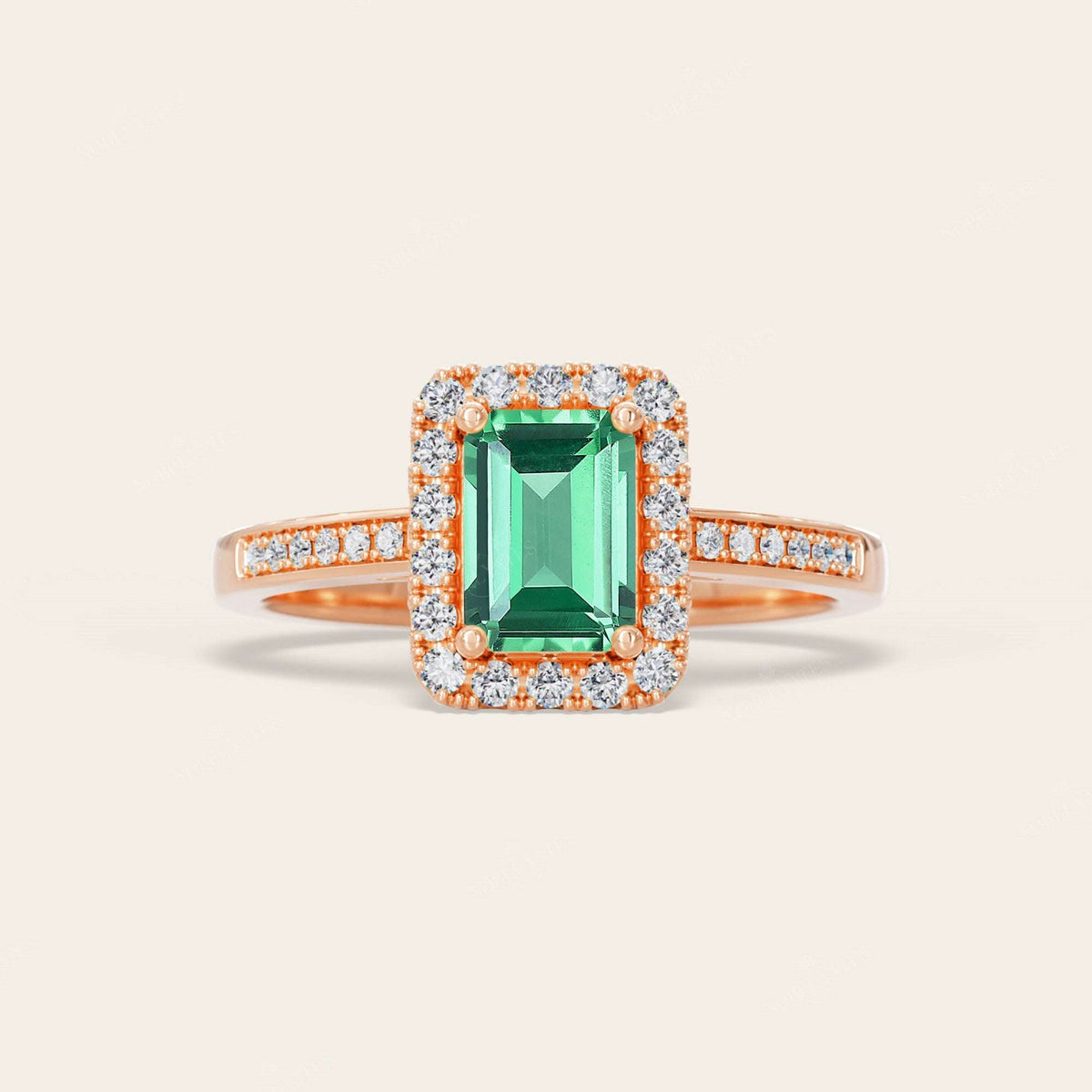 Emerald Lab Green Sapphire & Diamond Halo Art Deco Engagement Ring-Nobel Yates