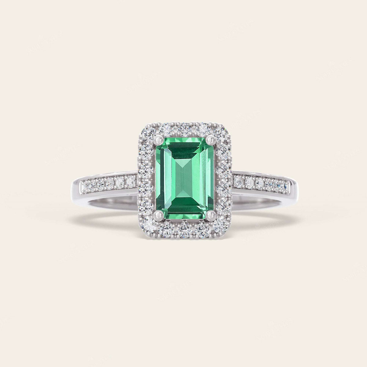 Emerald Lab Green Sapphire & Diamond Halo Art Deco Engagement Ring-Nobel Yates