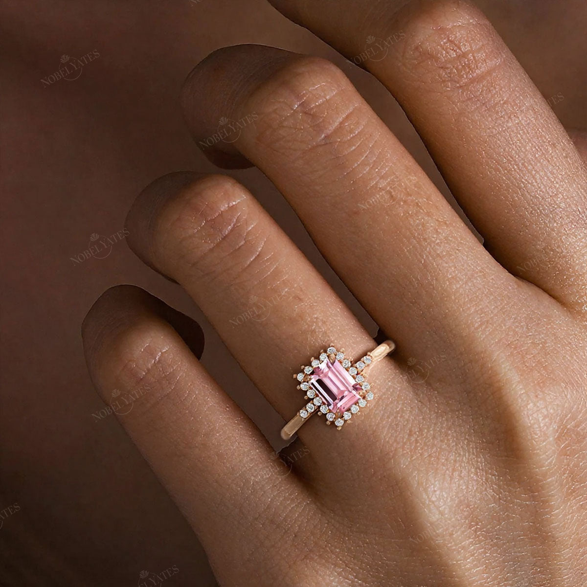 Emerald Cut Engagement Lab Padparadscha Engagement Ring