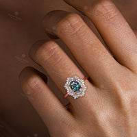 Teal Sapphire Claw Prong Set Art Deco Engagement Ring Double Halo Rose Gold