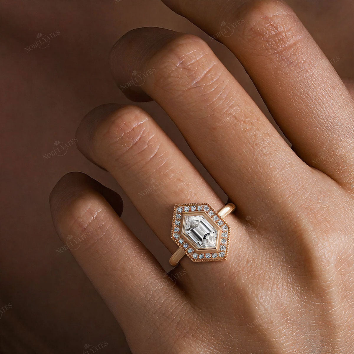 Hexagon Cut Lab Grown Diamond Halo Art Deco Engagement Ring