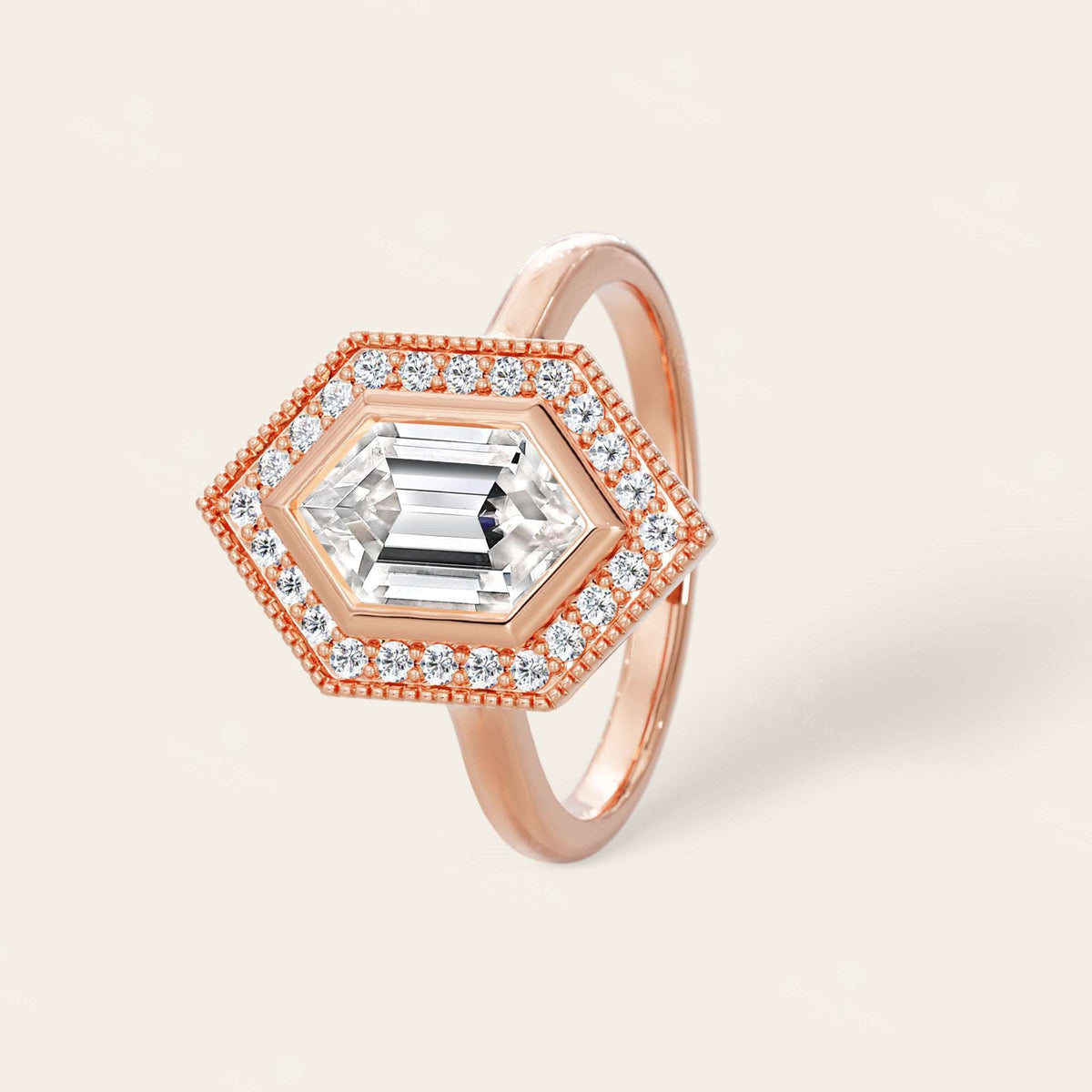 Hexagon Cut Lab Grown Diamond Halo Art Deco Engagement Ring-Nobel Yates