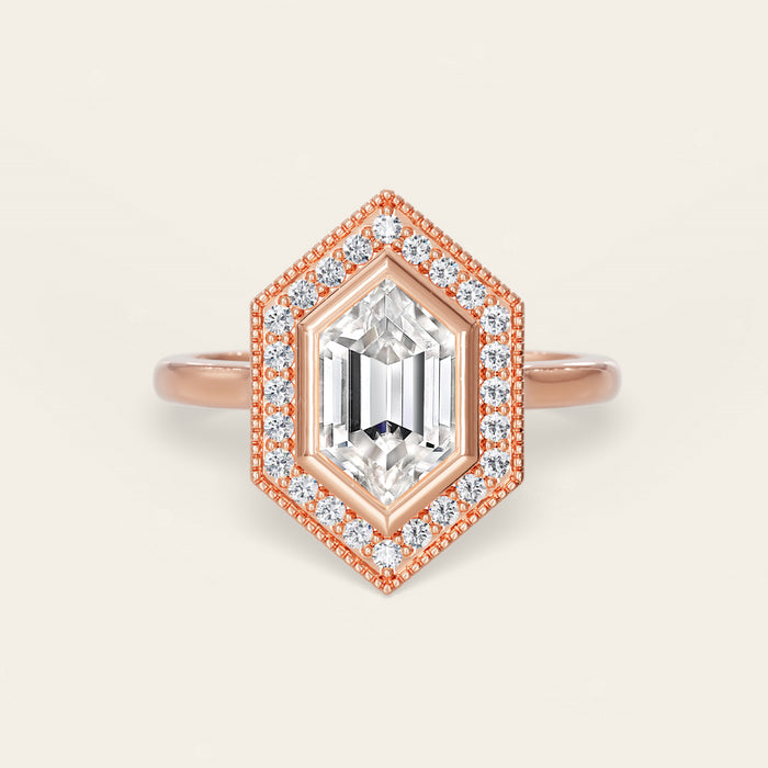 Hexagon Cut Lab Grown Diamond Halo Art Deco Engagement Ring-Nobel Yates