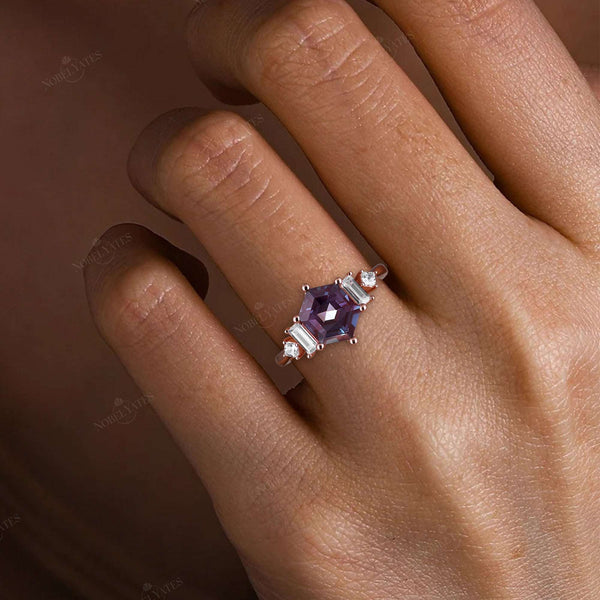 Hexagon Lab Alexandrte & Lab Grown Diamond Art Deco Engagement Ring-Nobel Yates