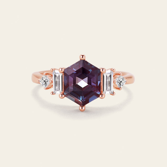Hexagon Lab Alexandrte & Lab Grown Diamond Art Deco Engagement Ring-Nobel Yates