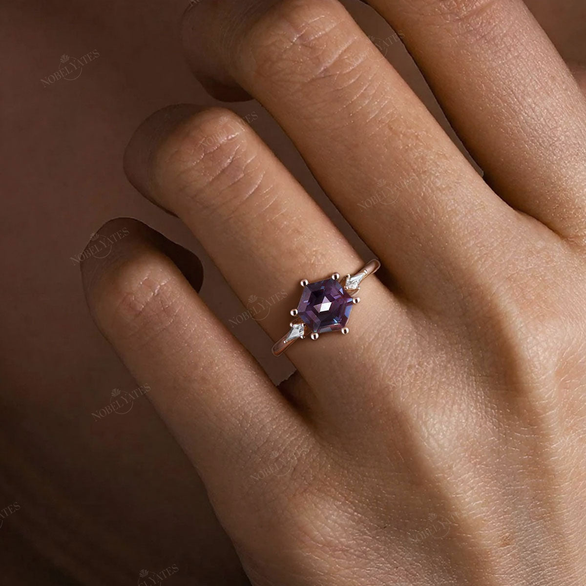 Hexagon Purple Lab Alexandrte Art Deco Engagement Ring
