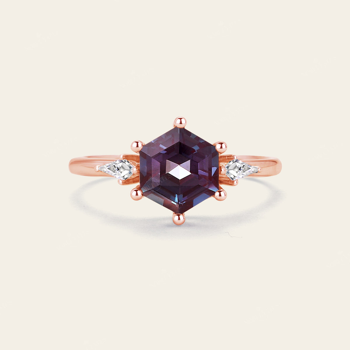 Hexagon Purple Lab Alexandrte Art Deco Engagement Ring