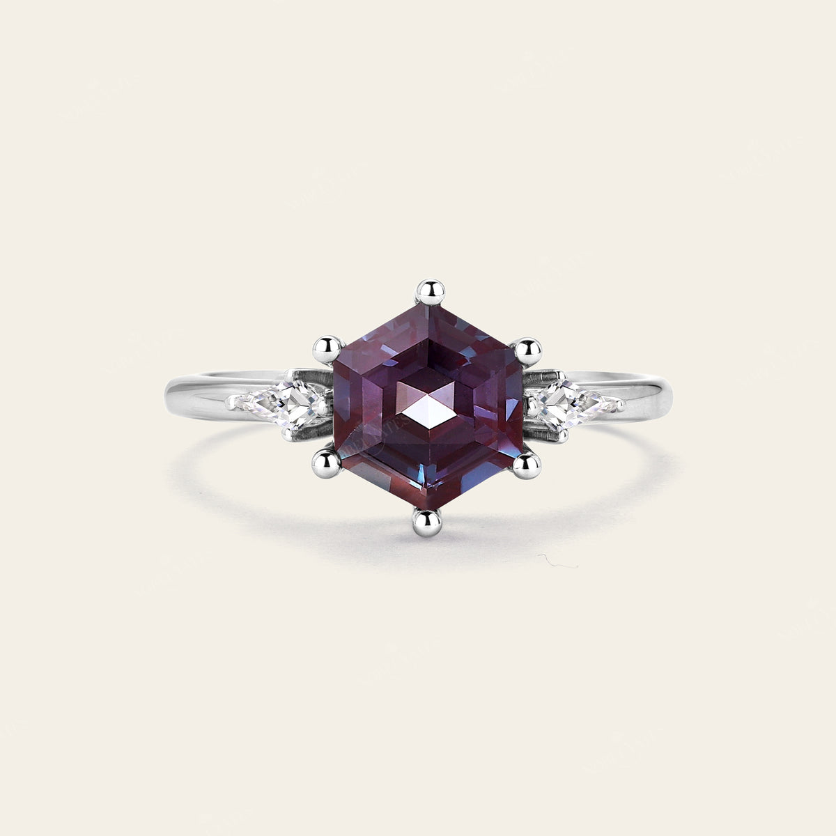 Hexagon Purple Lab Alexandrte Art Deco Engagement Ring