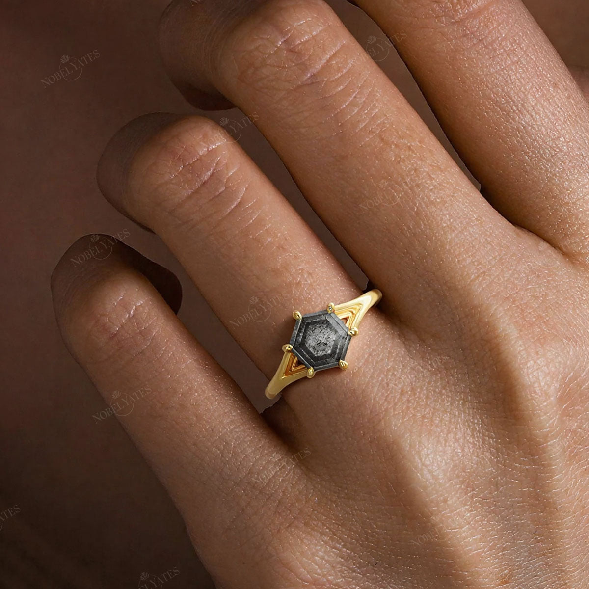 Hexagon Salt & Pepper Diamond Art Deco Engagement Ring Split Shank