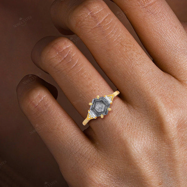 Hexagon Salt & Pepper Diamond Three Stone Engagement Ring-Nobel Yates