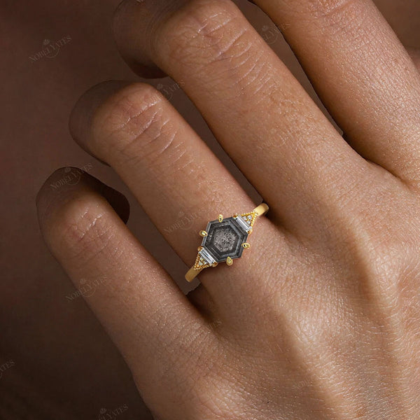 Hexagon Salt & Pepper Diamond Three Stone  Engagement Ring