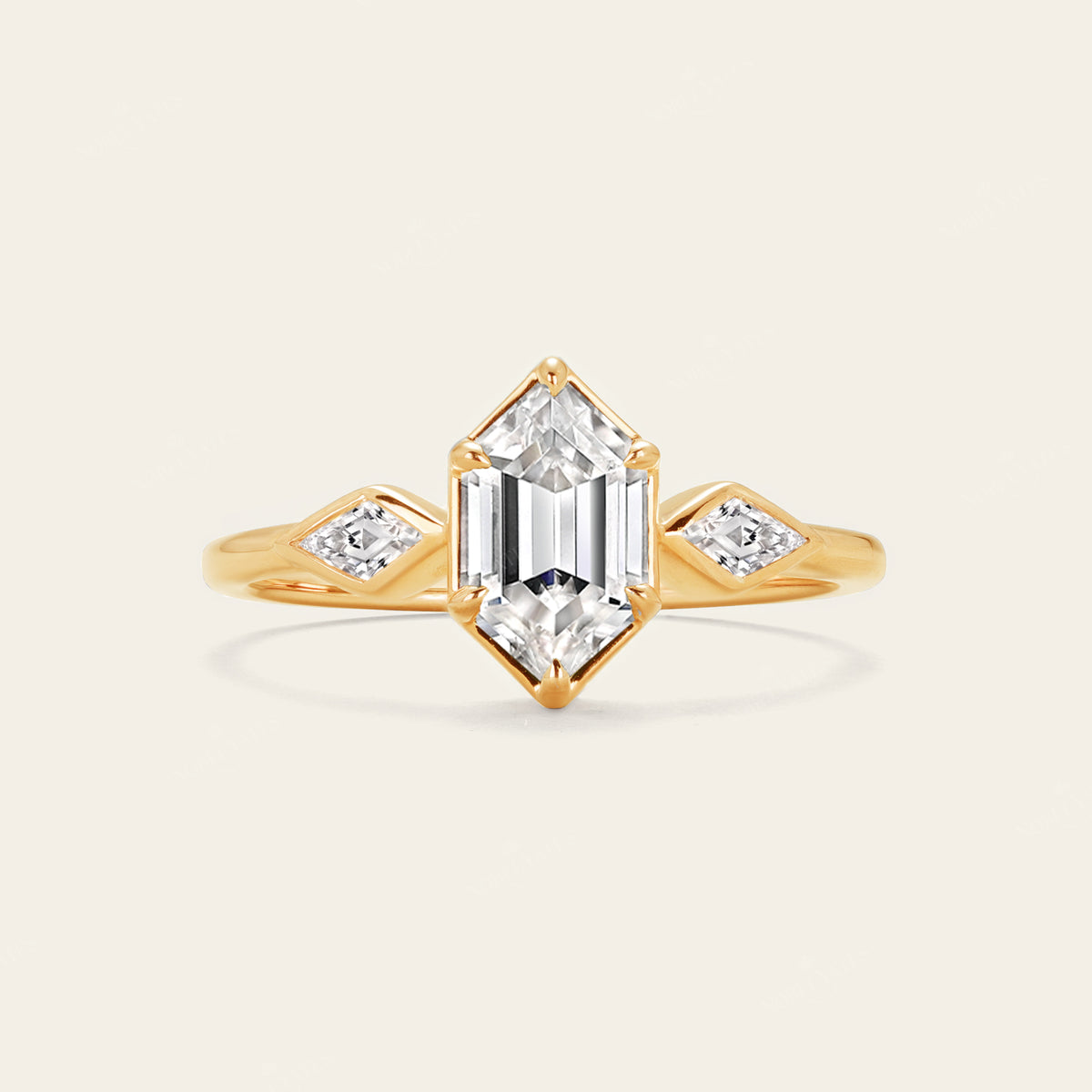 Hexagon & Kite Cut Moissanite Three Stone Art Deco Engagement Ring