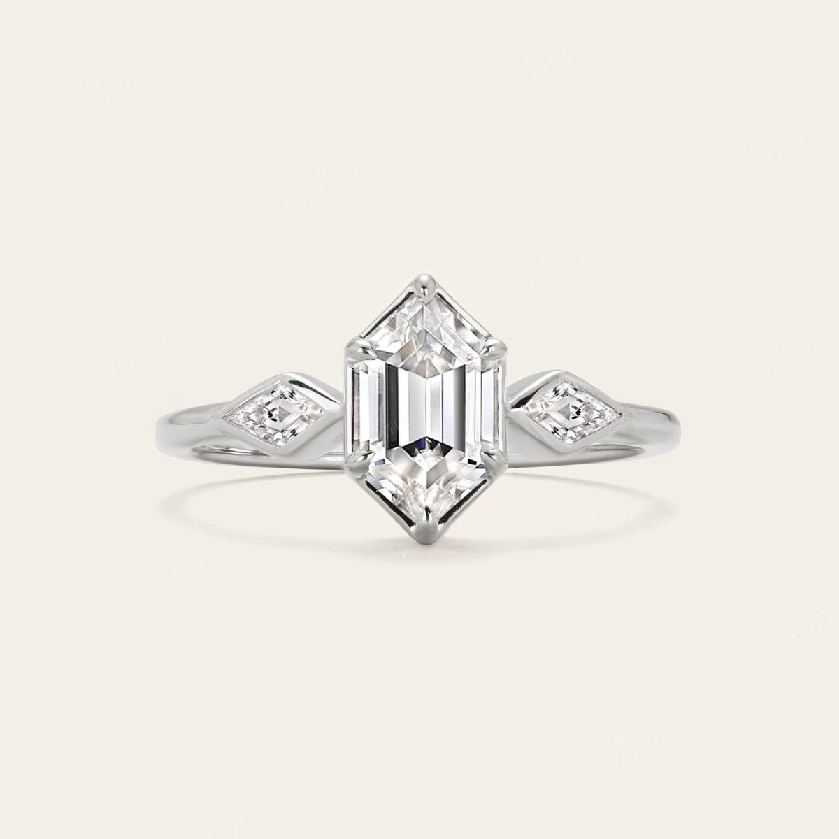 Hexagon & Kite Cut Moissanite Three Stone Art Deco Engagement Ring