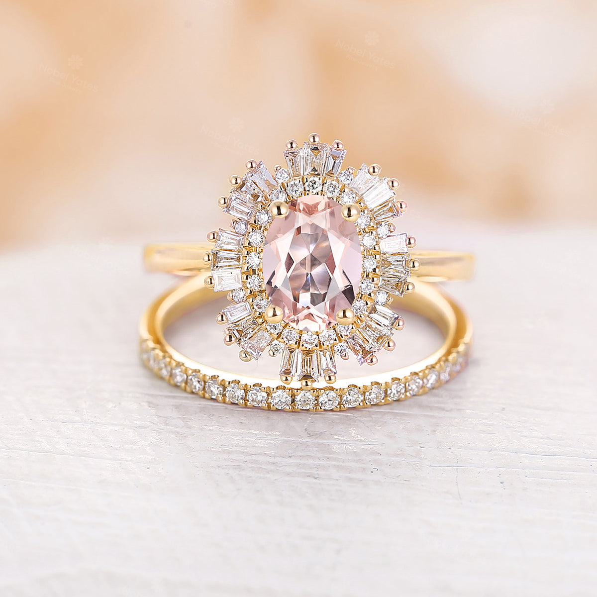 Starburst Art deco Oval Pink Morganite Bridal Sets