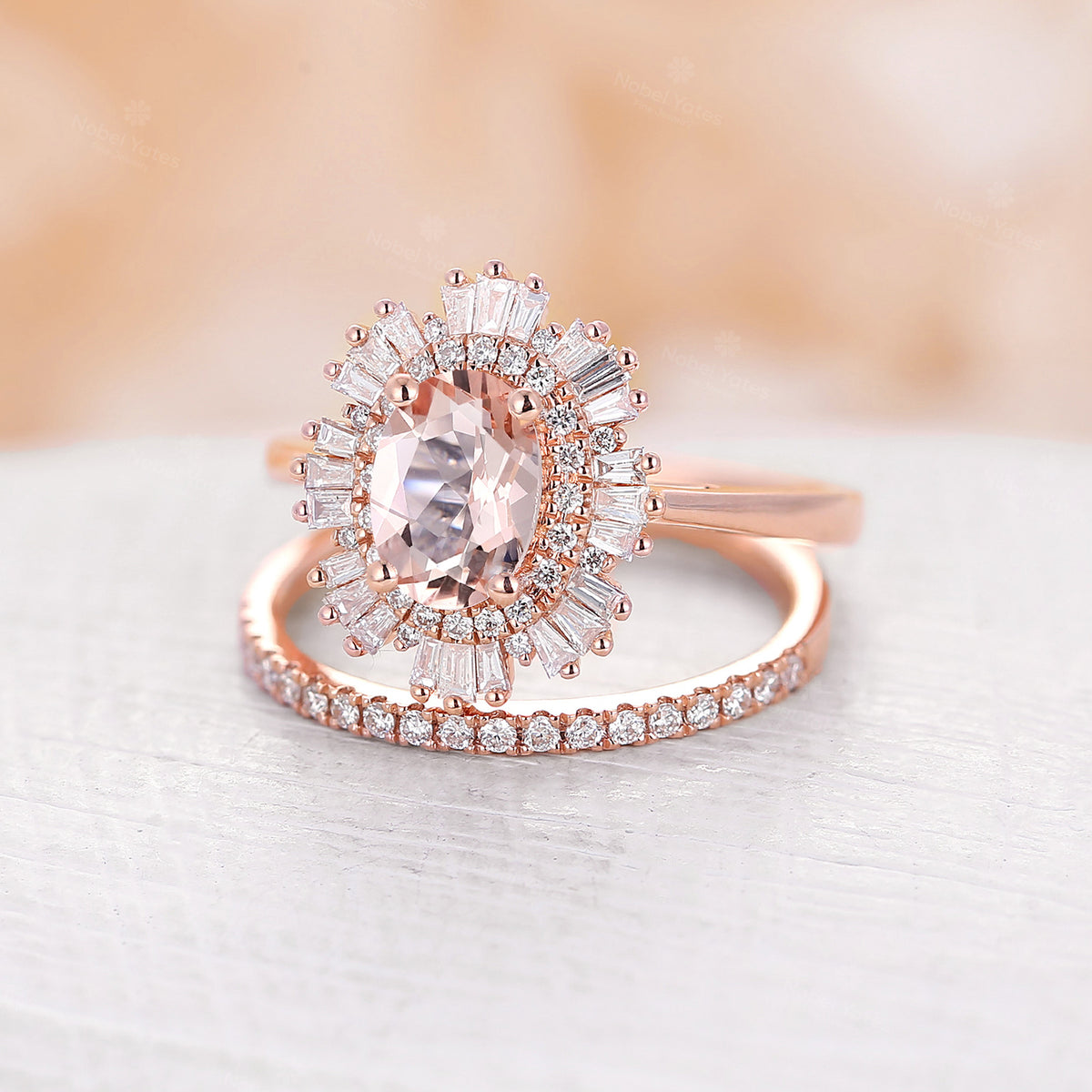 Starburst Art deco Oval Pink Morganite Bridal Sets