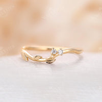 Diamond Leaf Curved Wedding Band Yellow Gold