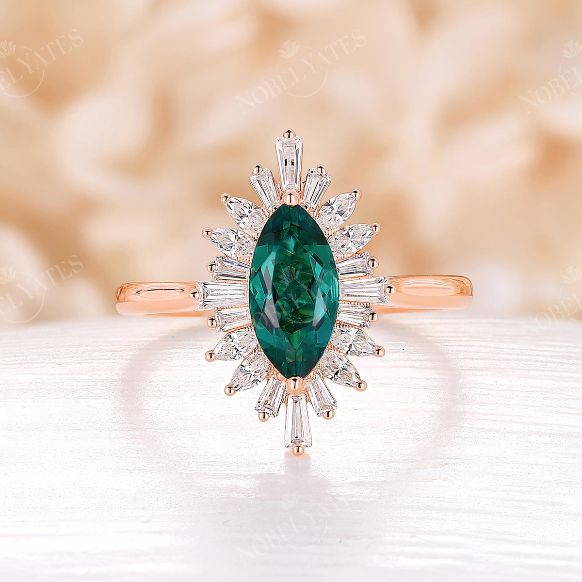 Art deco Marquise Lab Emerald Halo Engagement Ring Rose Gold