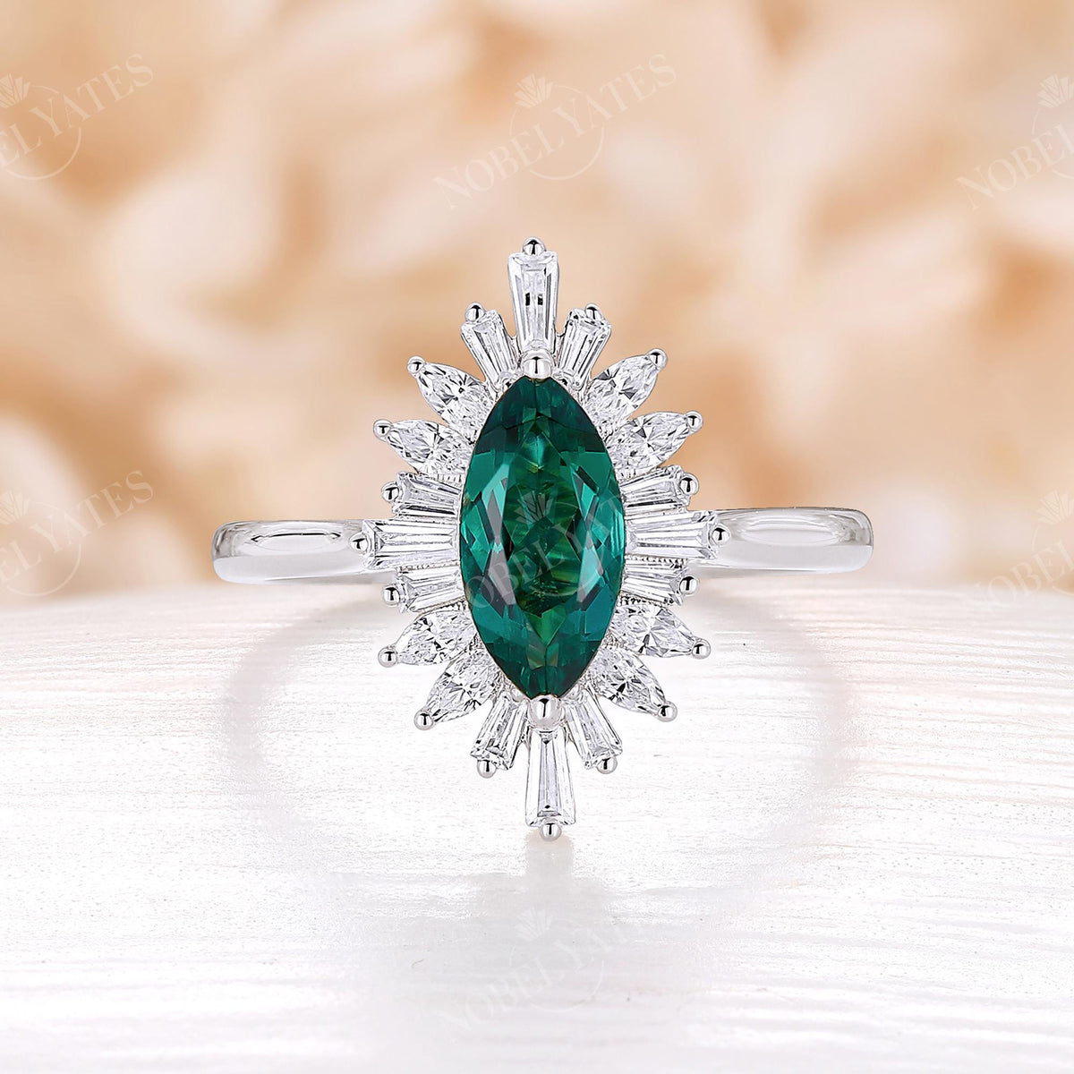 Art deco Marquise Lab Emerald Halo Engagement Ring Rose Gold