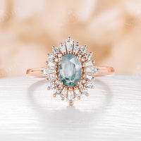 Art deco Oval Lab Emerald Halo Engagement Ring White Gold