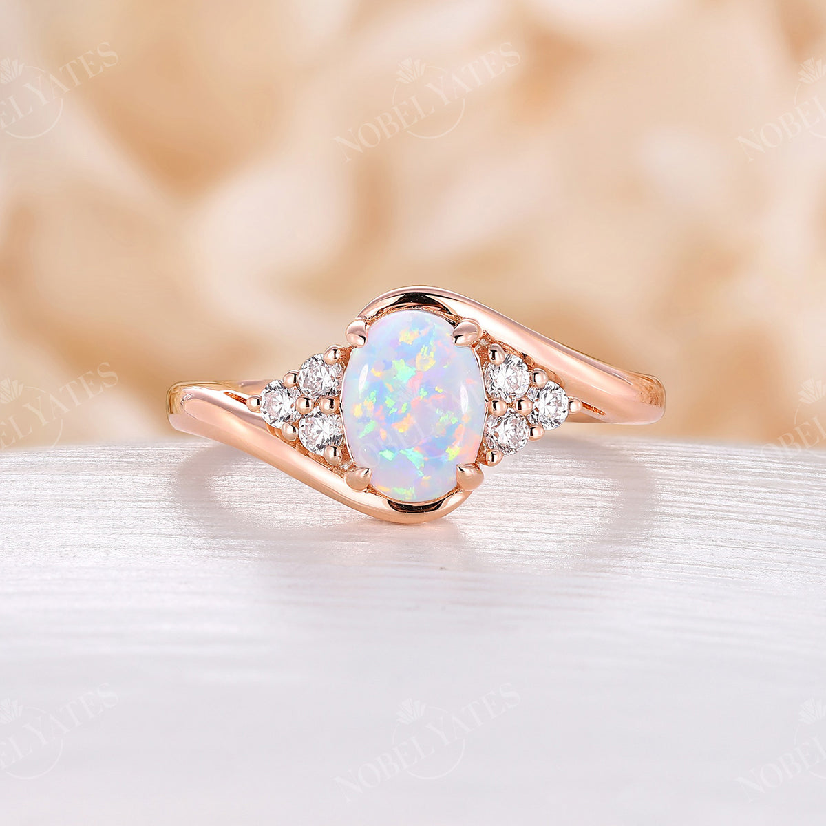 Vintage Oval Opal Bypass Engagement Ring Cluster Rose Gold