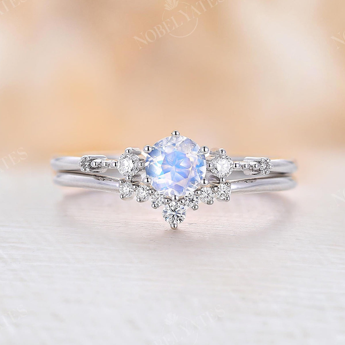 Round Blue Moonstone White Gold Engagement Ring Set