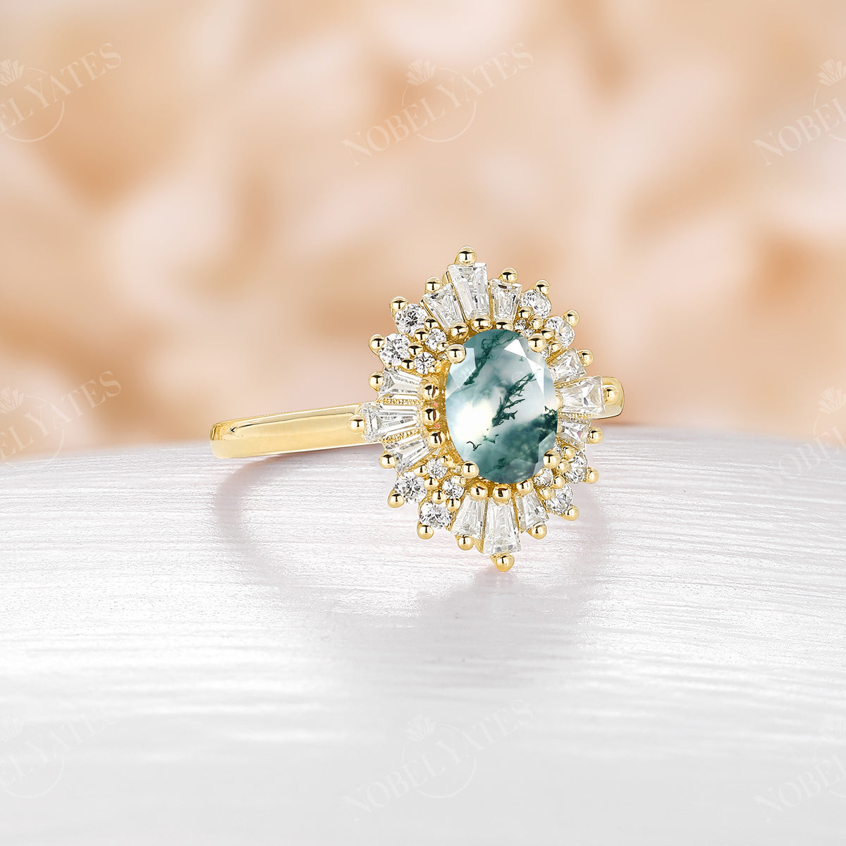 Art deco Oval Moss Agate Halo Engagement Ring Yellow Gold