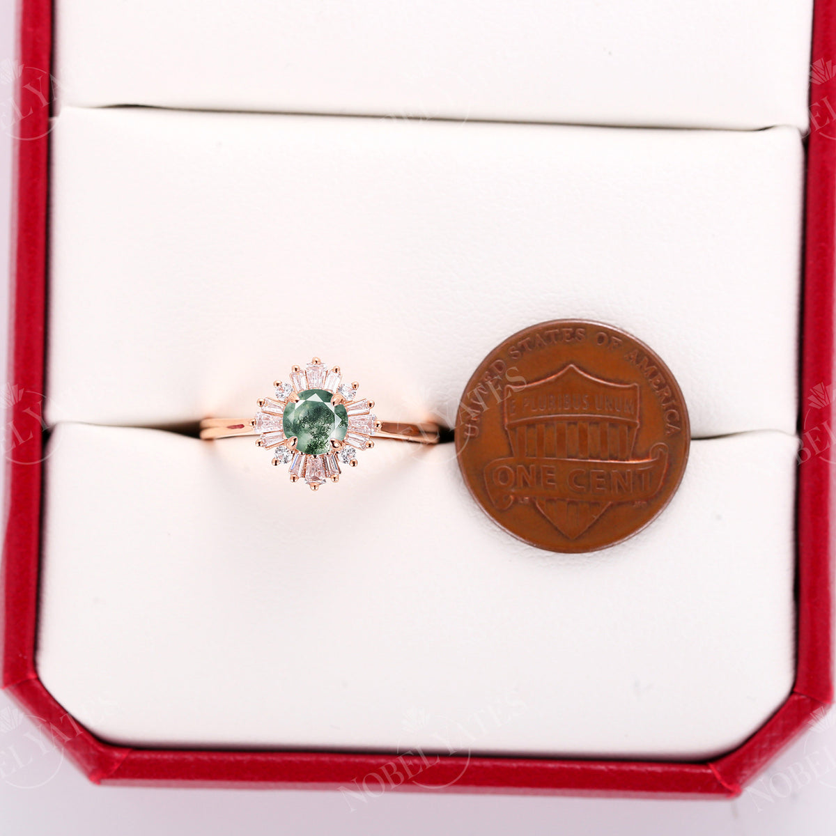 Moss Agate Art Deco Round Halo Engagement Ring Rose Gold