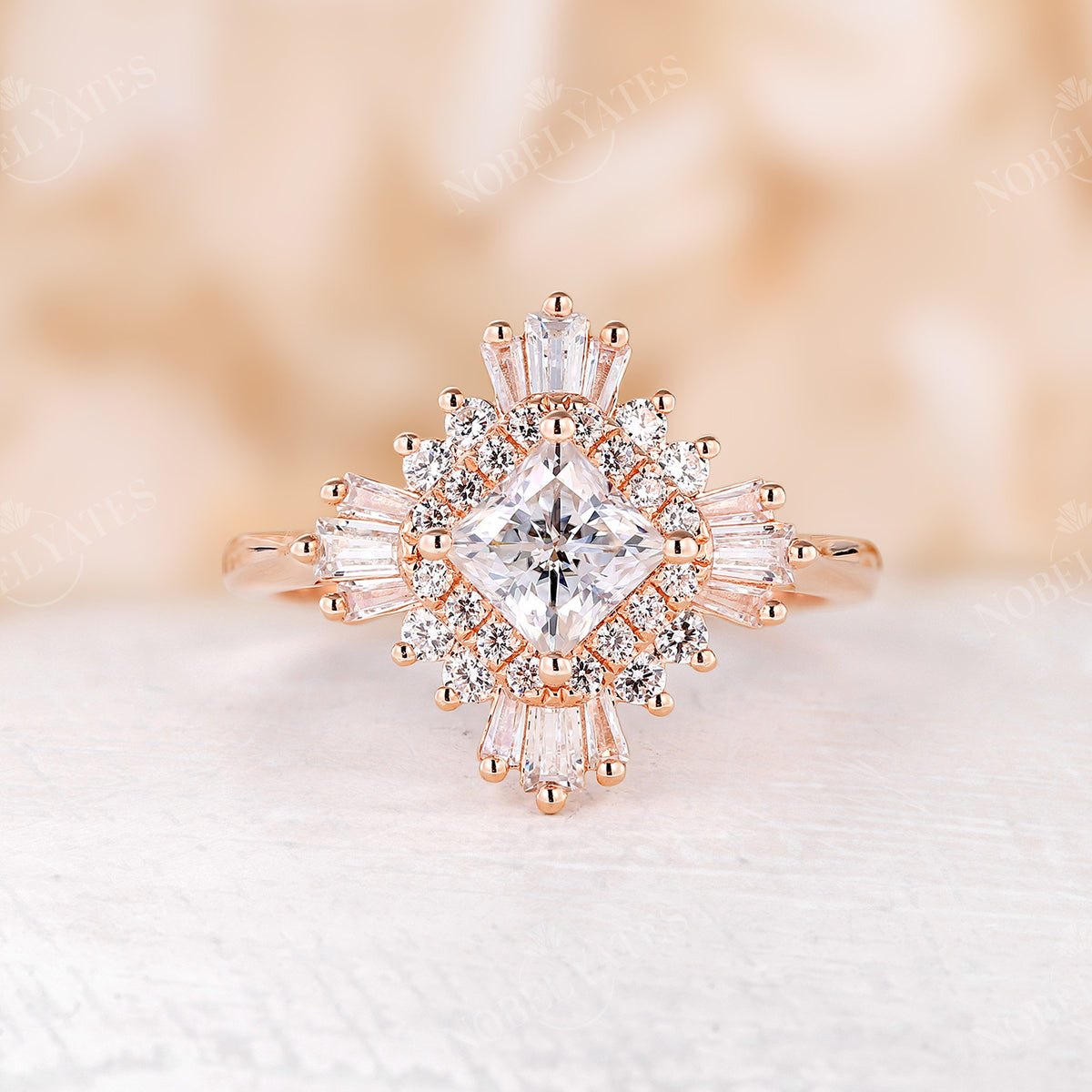 Art Deco Princess Cut Moissanite Halo Engagement Ring Rose Gold