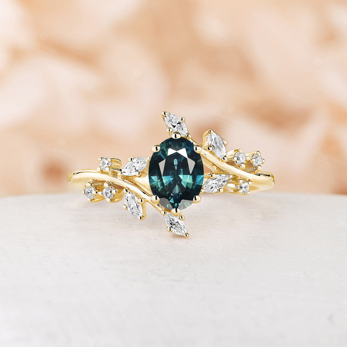 Oval Teal Sapphire Nature Inspired Bypass Engagement Ring Branch Rose Gold