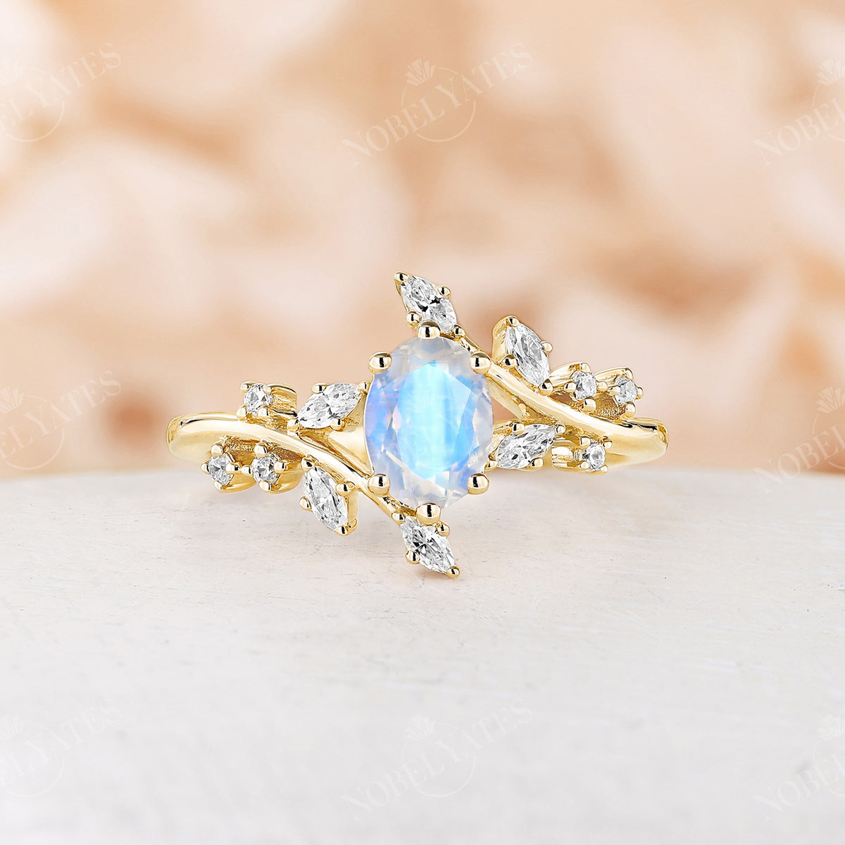 Leaves Design Oval Blue Moonstone Rose Gold Engagement Ring