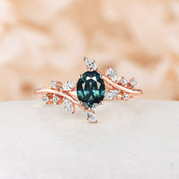 Oval Teal Sapphire Nature Inspired Bypass Engagement Ring Branch Rose Gold