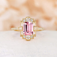 Emerald Cut Vintage Art Deco Pink Padparadscha Engagement Ring Rose Gold