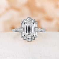 Emerald Cut Art Deco Moissanite Engagement Ring Pave Vintage Milgrain