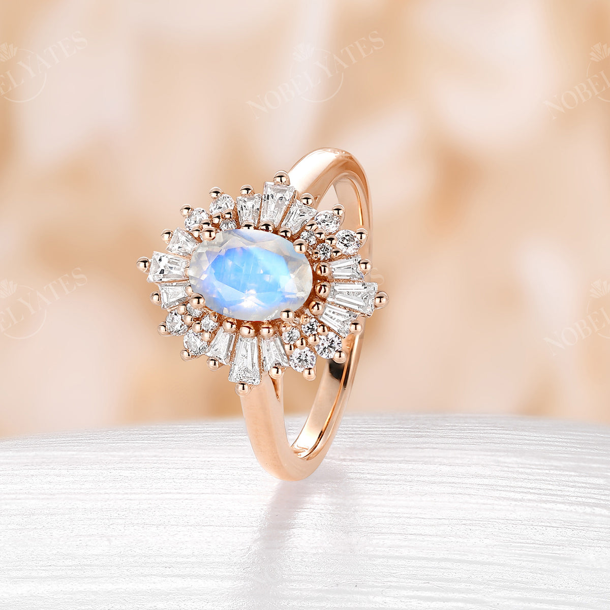 Baguette Art Deco Halo Engagement Ring Blue Moonstone Rose Gold Band