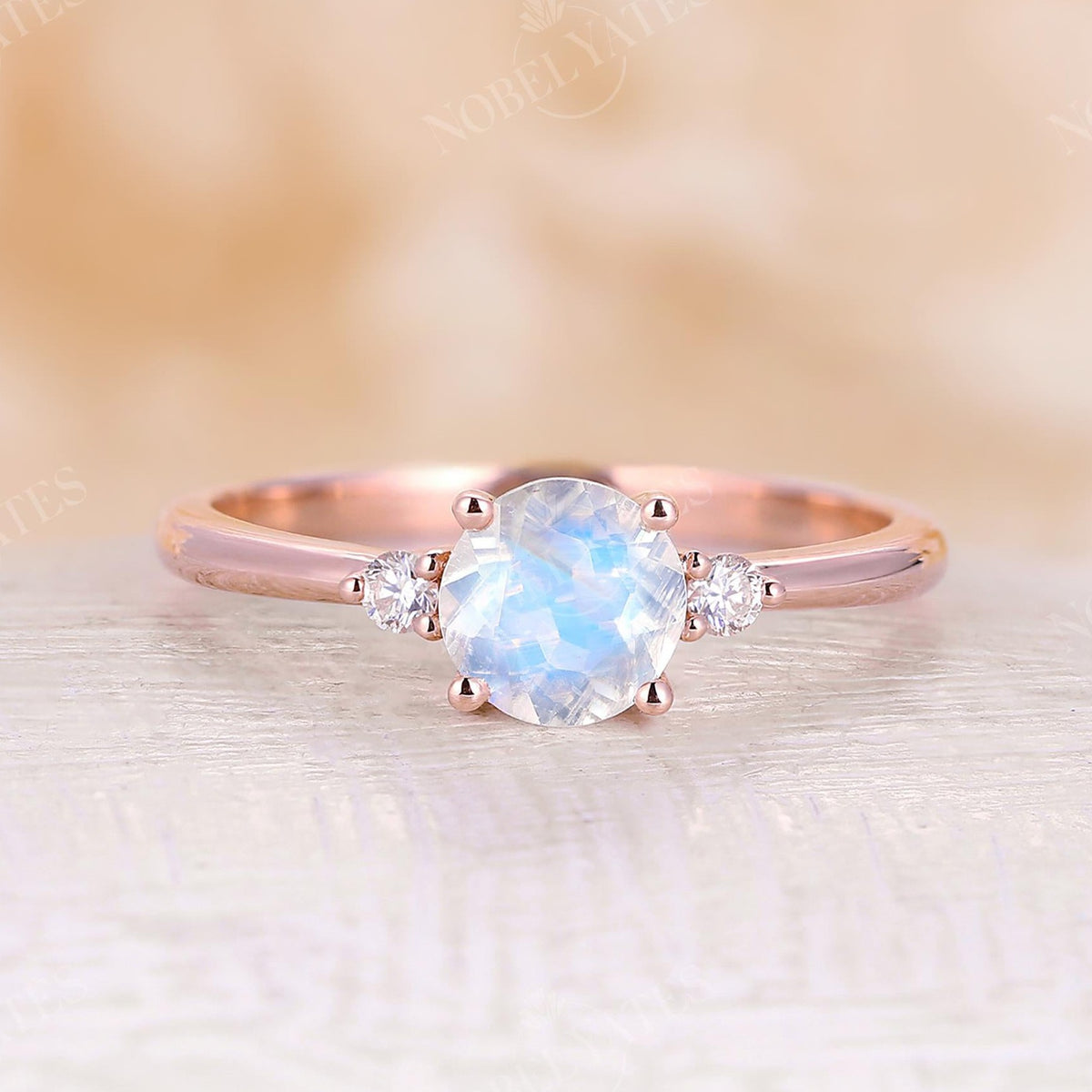 Round Moonstone Rose Gold Three Stone Engagement Ring