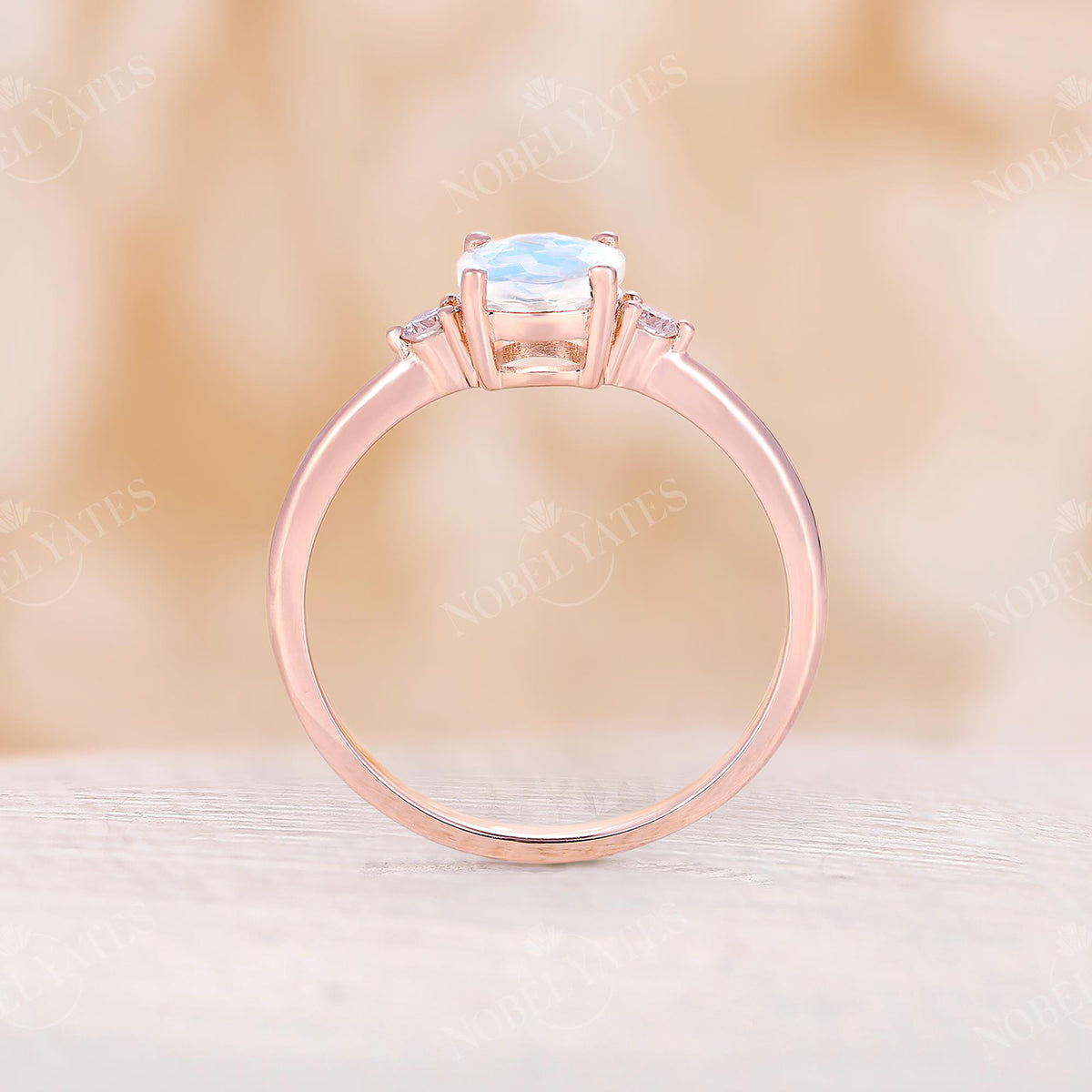 Round Moonstone Rose Gold Three Stone Engagement Ring