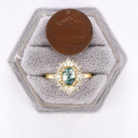 Art deco Oval Moss Agate Halo Engagement Ring Yellow Gold