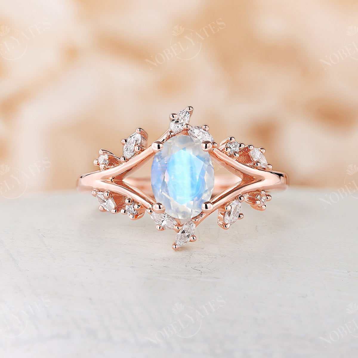 Nature inspired Moonstone Oval cut Engagement Ring Rose Gold