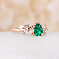 Nature Inspired Pear Lab Emerald Engagement Ring Marquise Moissanite Band