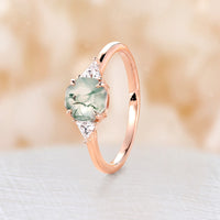 Octagon Cut Moss Agate Three Stones Engagement Ring Rose Gold Moissanite