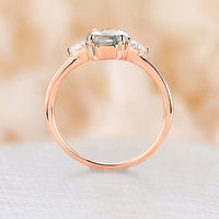 Octagon Cut Moss Agate Three Stones Engagement Ring Rose Gold Moissanite