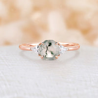 Octagon Cut Moss Agate Three Stones Engagement Ring Rose Gold Moissanite