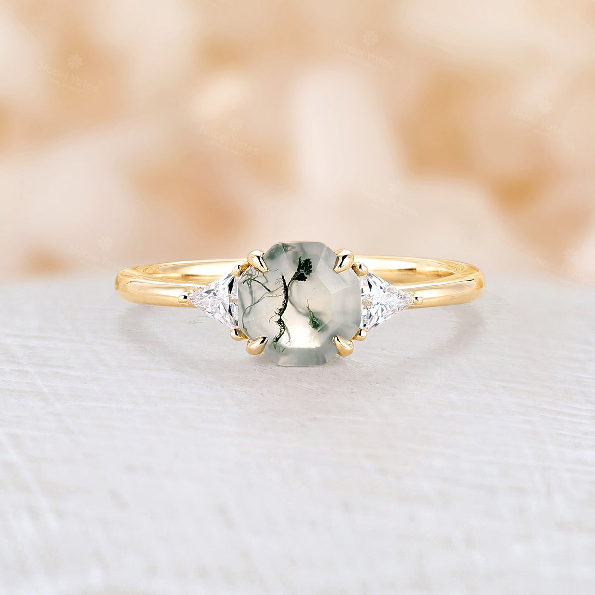 Octagon Cut Moss Agate Three Stones Engagement Ring Rose Gold Moissanite