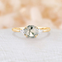 Octagon Cut Moss Agate Three Stones Engagement Ring Rose Gold Moissanite