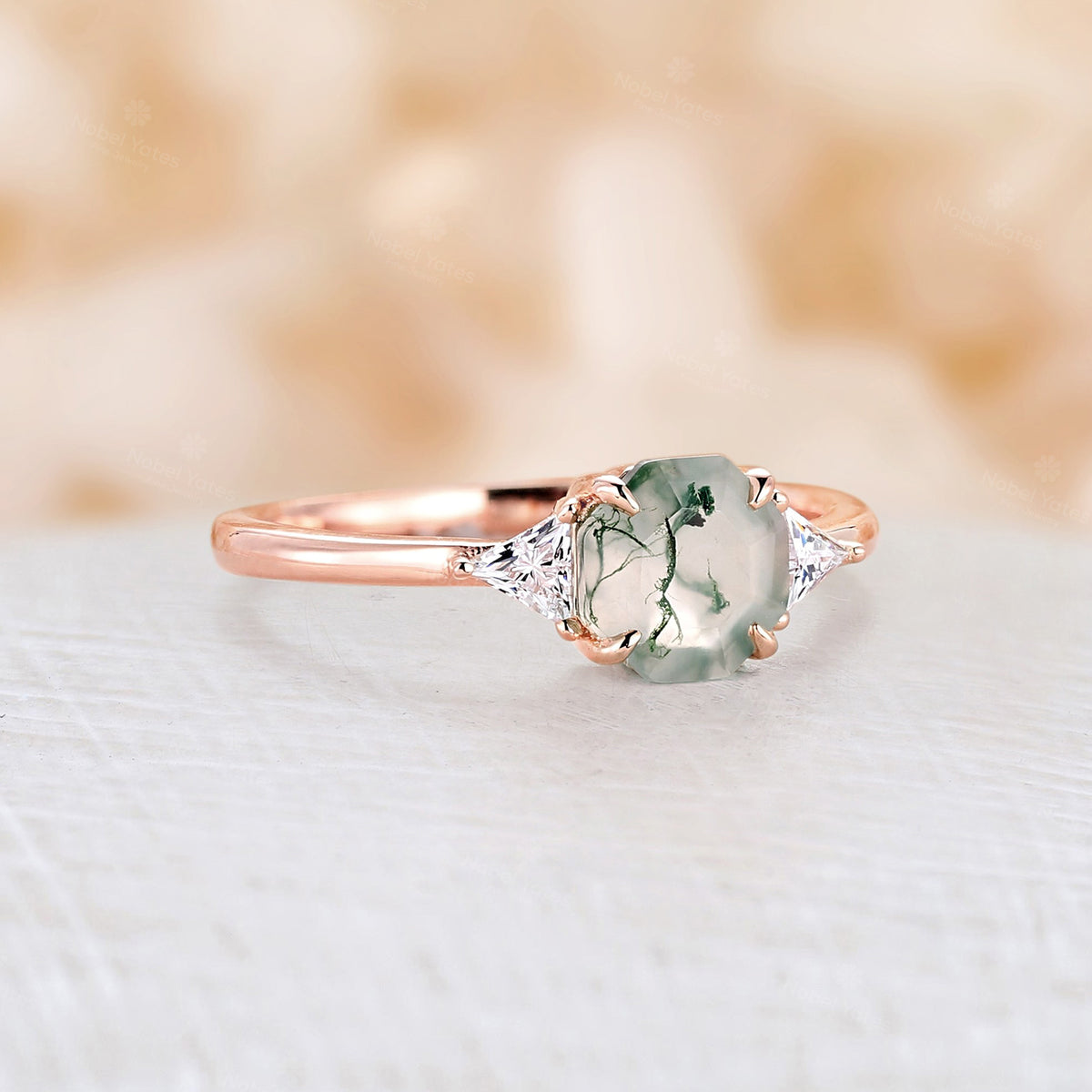 Octagon Cut Moss Agate Three Stones Engagement Ring Rose Gold Moissanite