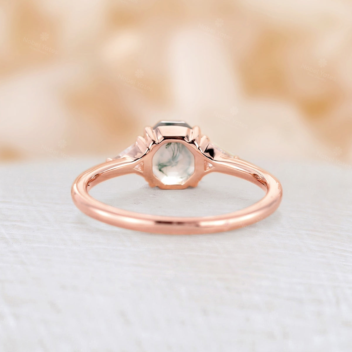 Octagon Cut Moss Agate Three Stones Engagement Ring Rose Gold Moissanite