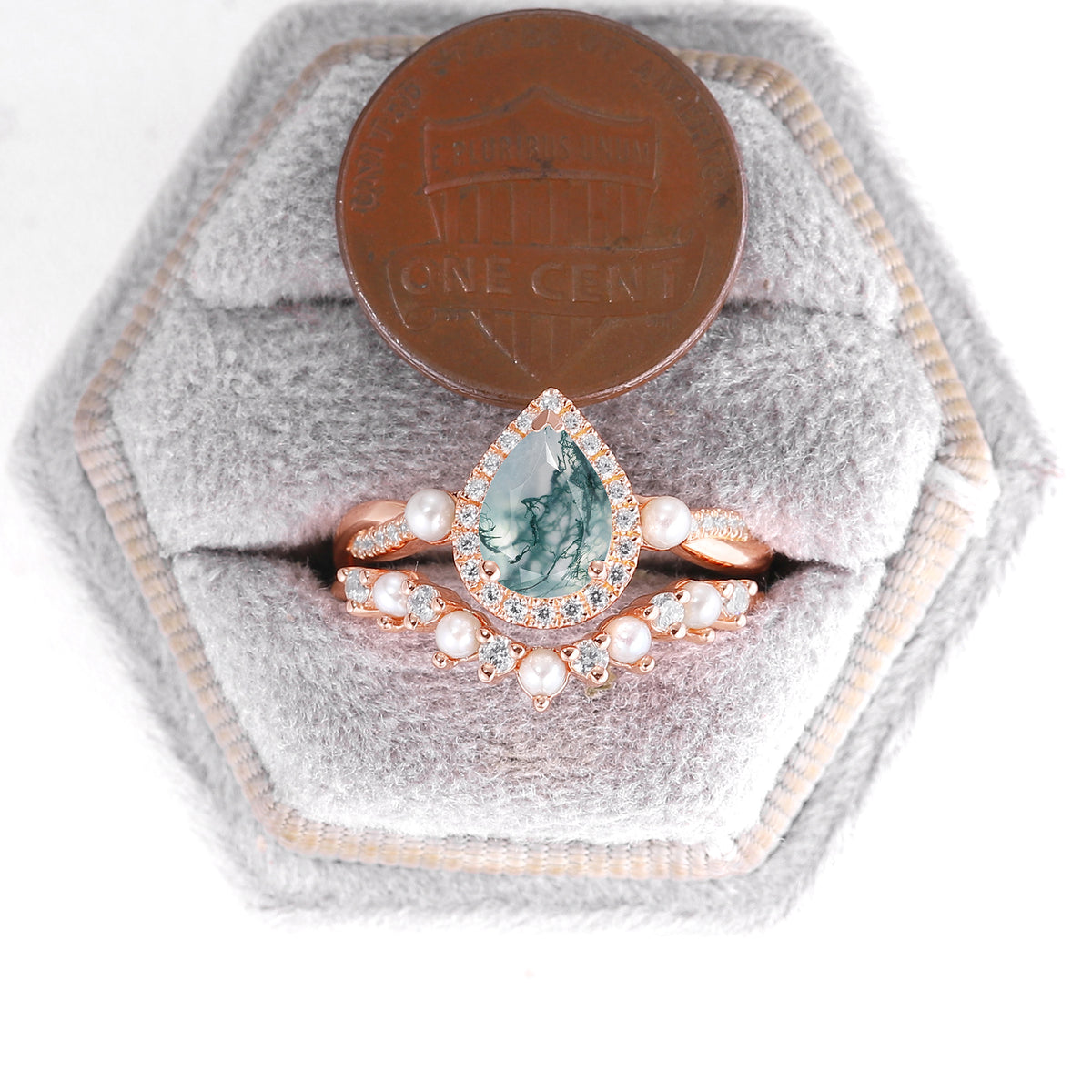 Rose Gold Moss Agate Engagement Ring Set Pearl Matching Band
